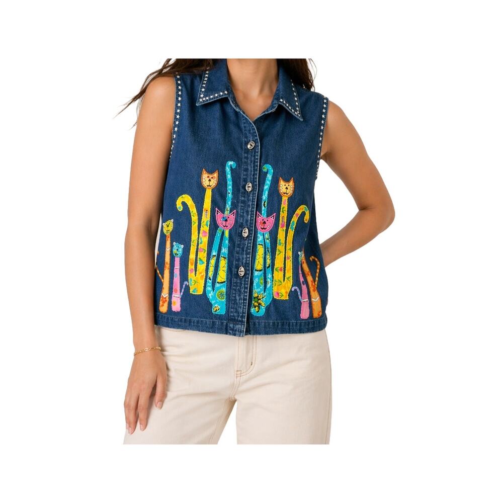 Vintage Y2K Folk Art Embroidered Cat Denim Sleeveless Top Size L Cottagecore